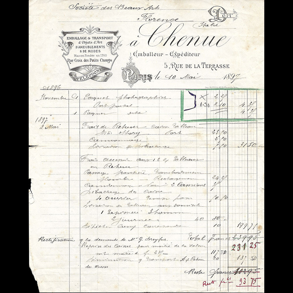 Chenue - Facture de la maison d'emballages et de transport d'objets d'art, 5 rue de la Terrasse à Paris (1897)