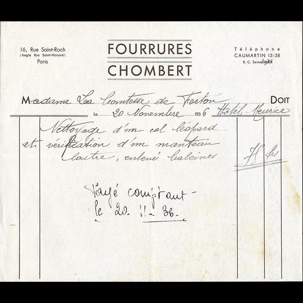Chombert - Facture de la maison de fourrures, 16 rue Saint-Roch à Paris (1936)