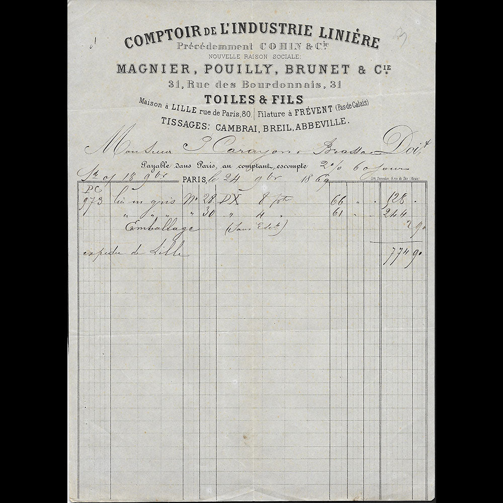 Comptoir de l'Industrie Linière - Facture du Magasin de tissus, 31 rue des Bourdonnais à Paris (1869)