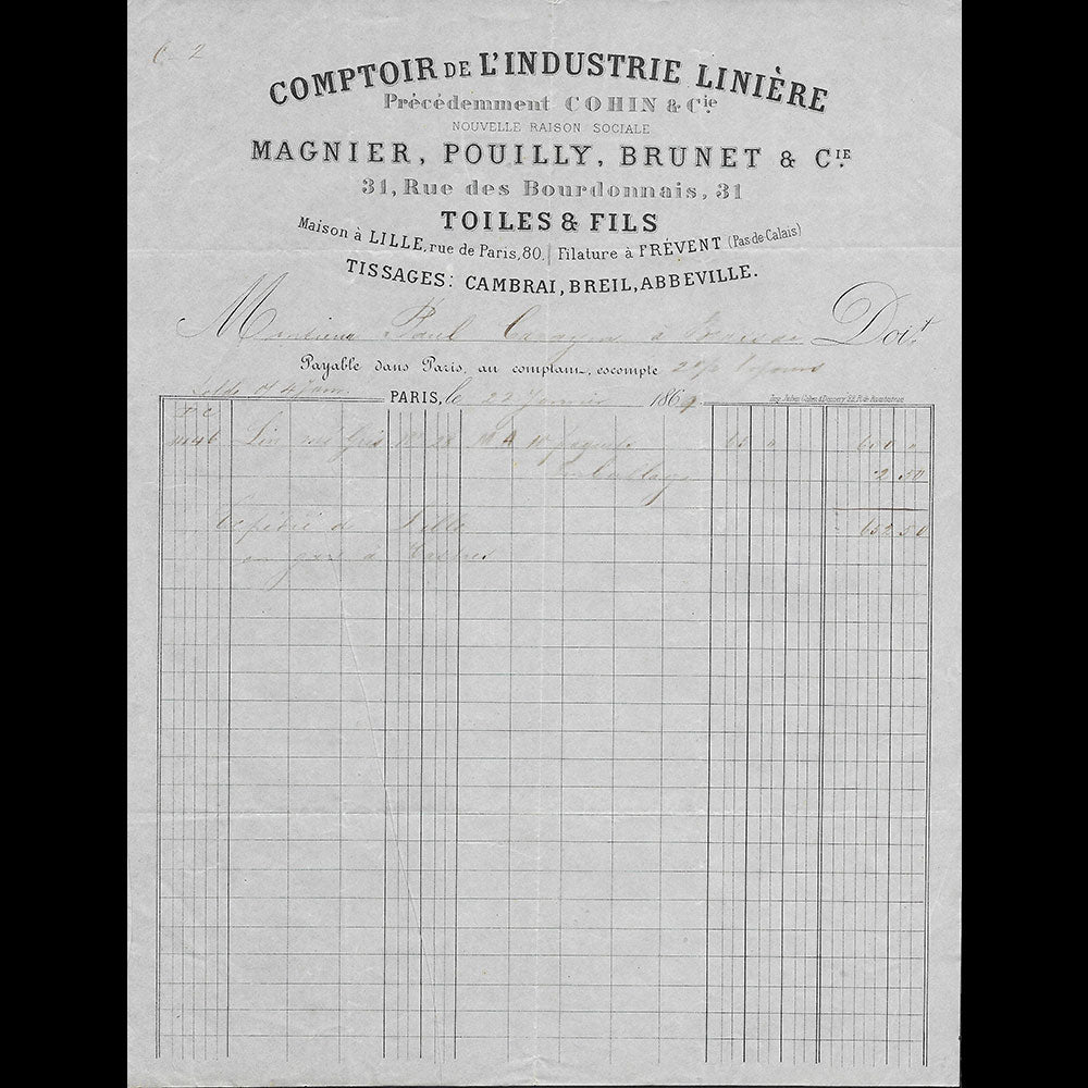 Comptoir de l'Industrie Linière - Facture du Magasin de tissus, 31 rue des Bourdonnais à Paris (1869)