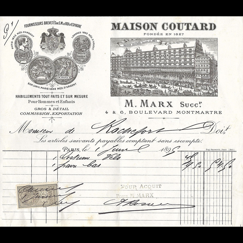 Coutard - Facture de la maison, 4-6 Boulevard Montmartre à Paris (1895)