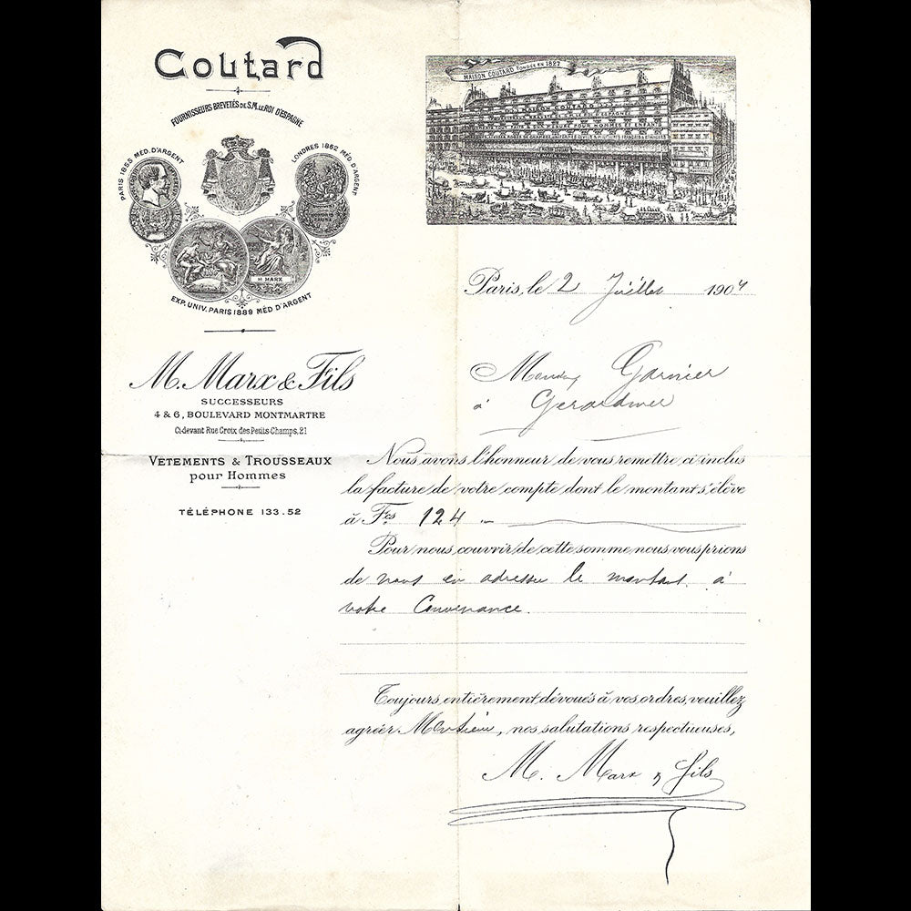 Coutard - Facture de la maison, 4-6 Boulevard Montmartre à Paris (1902)