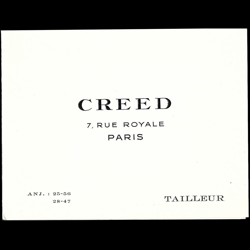 Creed - Carton d'invitation du tailleur, 7 rue Royale à Paris (1950s)