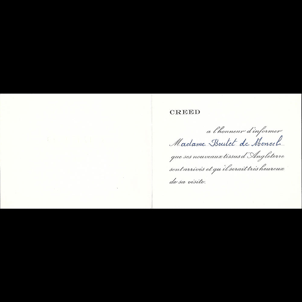 Creed - Carton d'invitation du tailleur, 7 rue Royale à Paris (1950s)