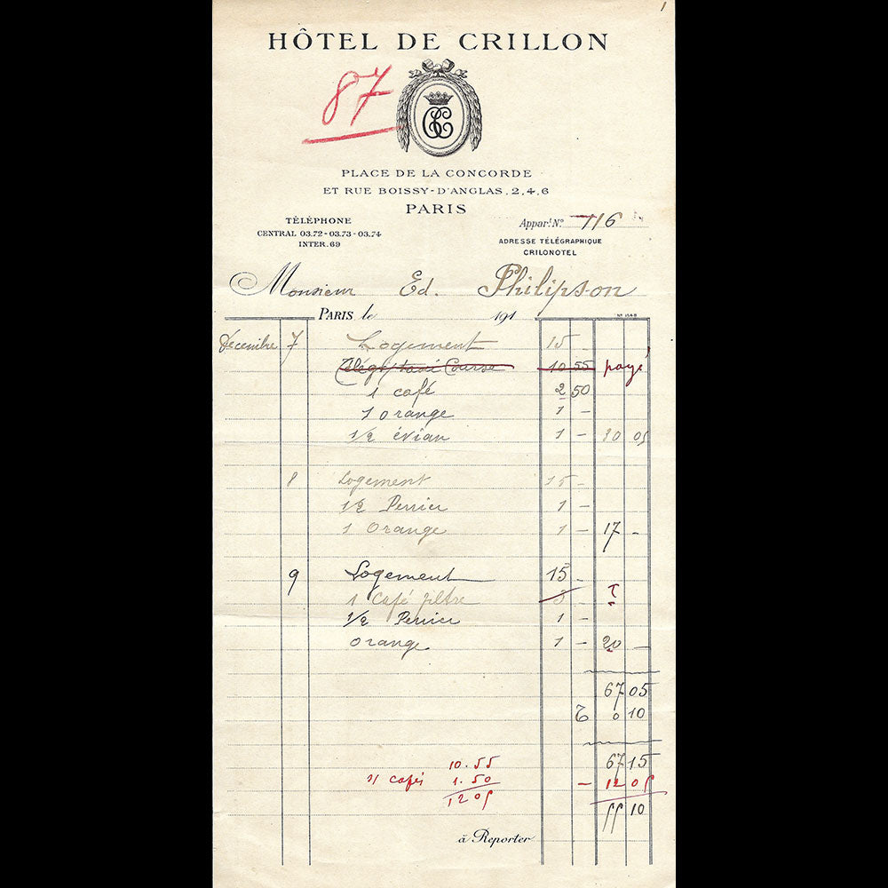 Hôtel de Crillon - Facture de l'hotel, place de la Concorde à Paris (1910s)