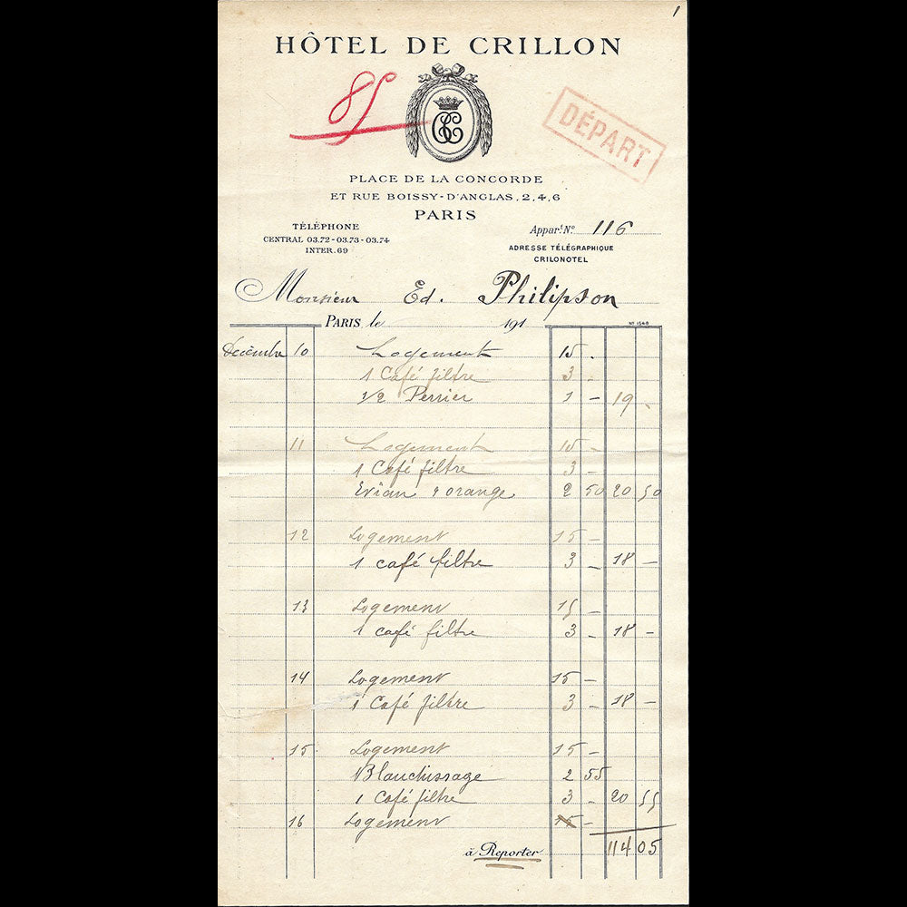 Hôtel de Crillon - Facture de l'hotel, place de la Concorde à Paris (1919)