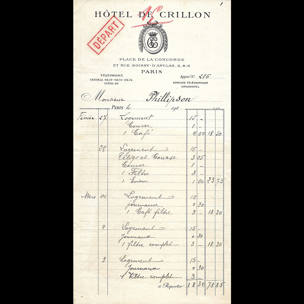 Hôtel de Crillon - Facture de l'hotel, place de la Concorde à Paris (1915)