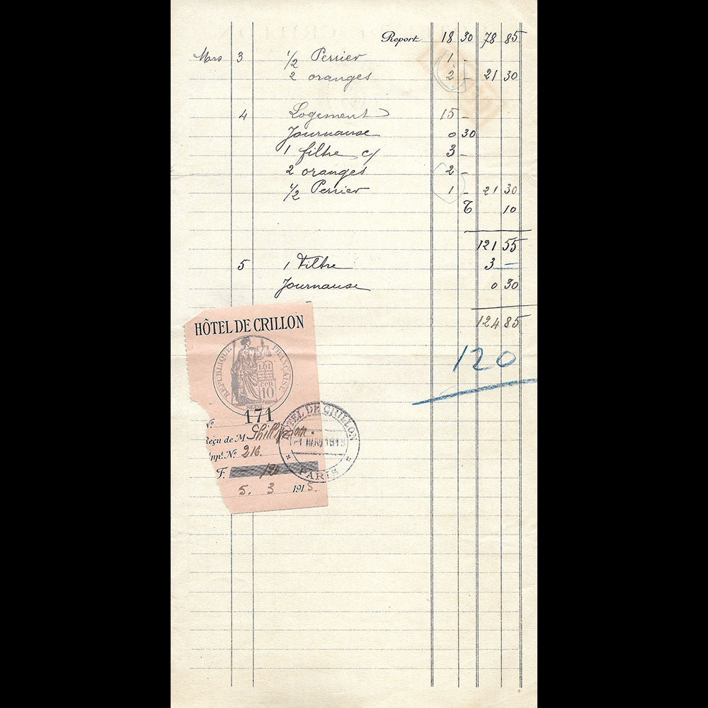 Hôtel de Crillon - Facture de l'hotel, place de la Concorde à Paris (1915)
