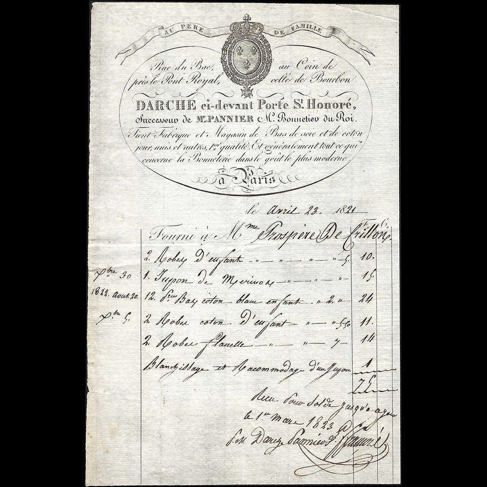 Darche - Facture de la bonneterie Au Père de Famille, rue du Bac à Paris (1821)