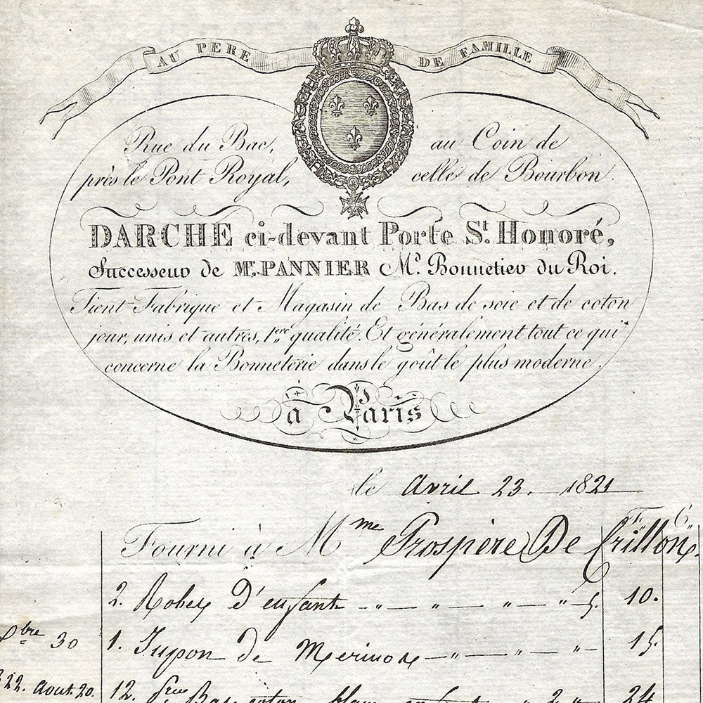 Darche - Facture de la bonneterie Au Père de Famille, rue du Bac à Paris (1821)