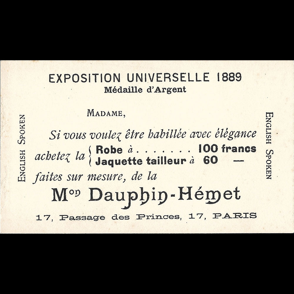 Dauphin-Hémet - Carte du tailleur, 17 Passage des Princes à Paris (1896)