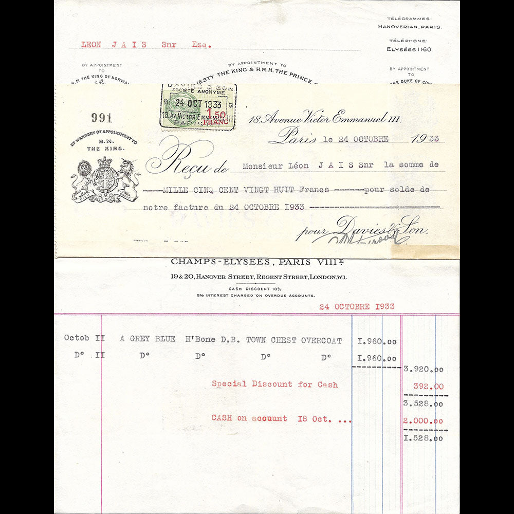 Davies & Sons - Facture du tailleur, 18 avenue Victor Emmanuel III à Paris (1933)