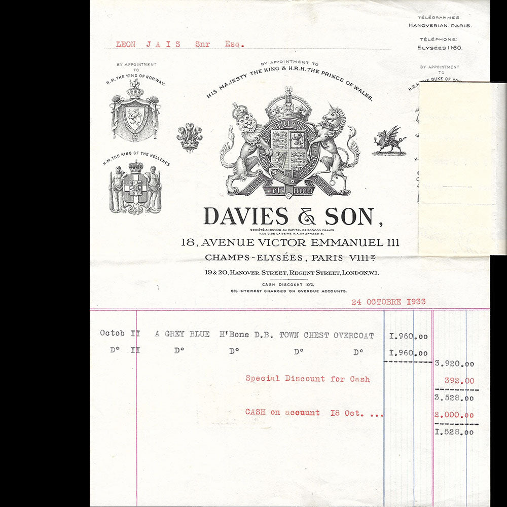 Davies & Sons - Facture du tailleur, 18 avenue Victor Emmanuel III à Paris (1933)