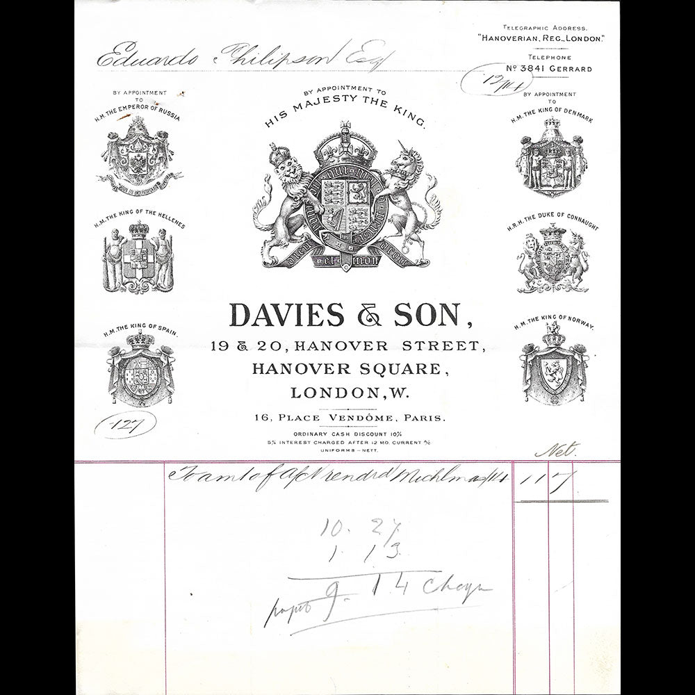 Davies & Sons - Facture du tailleur, 19-20 Hanover Street, London (1900s)