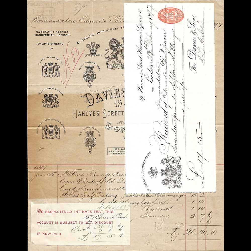Davies & Sons - Facture du tailleur, 19-20 Hanover Street, London (1897)