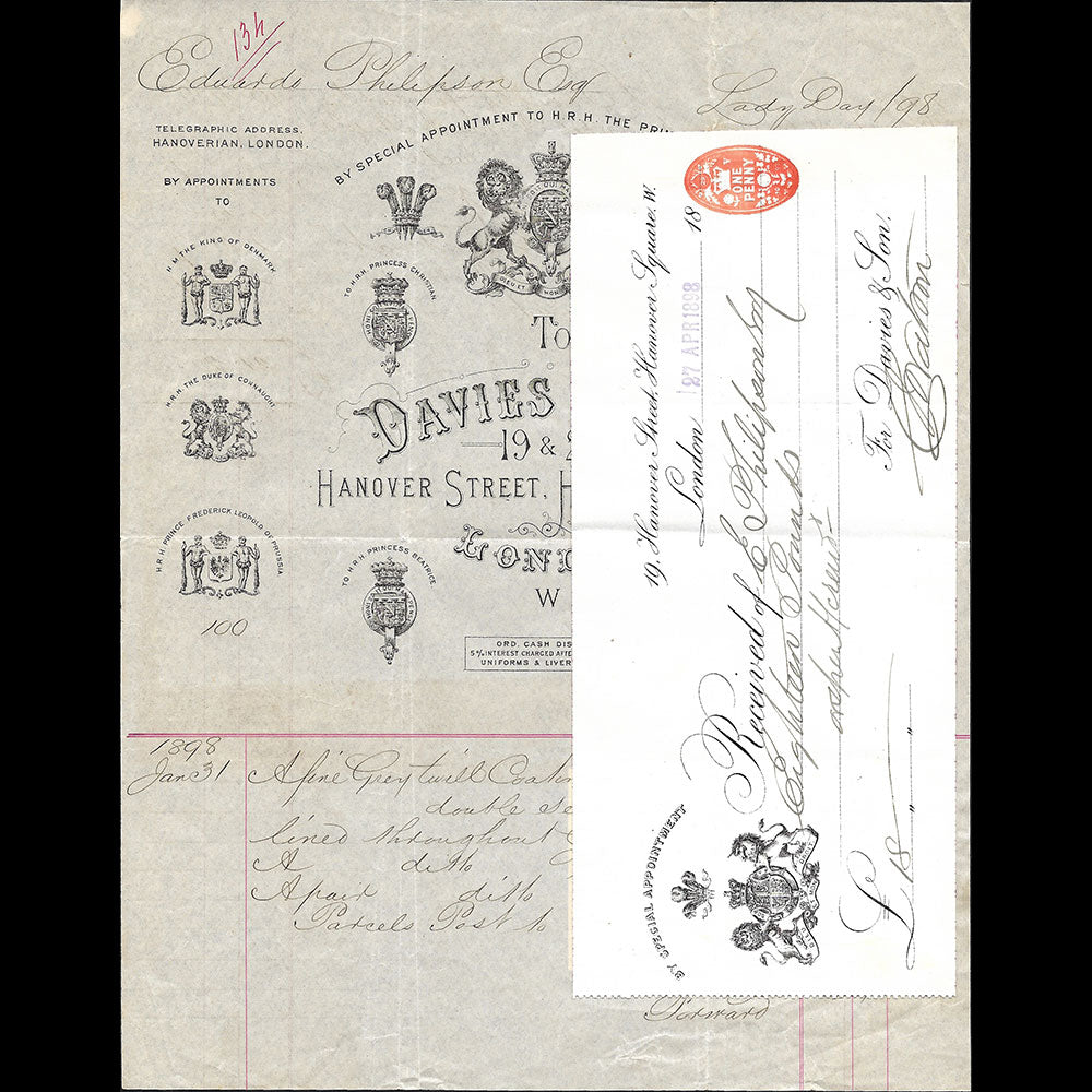 Davies & Sons - Facture du tailleur, 19-20 Hanover Street, London (1898)