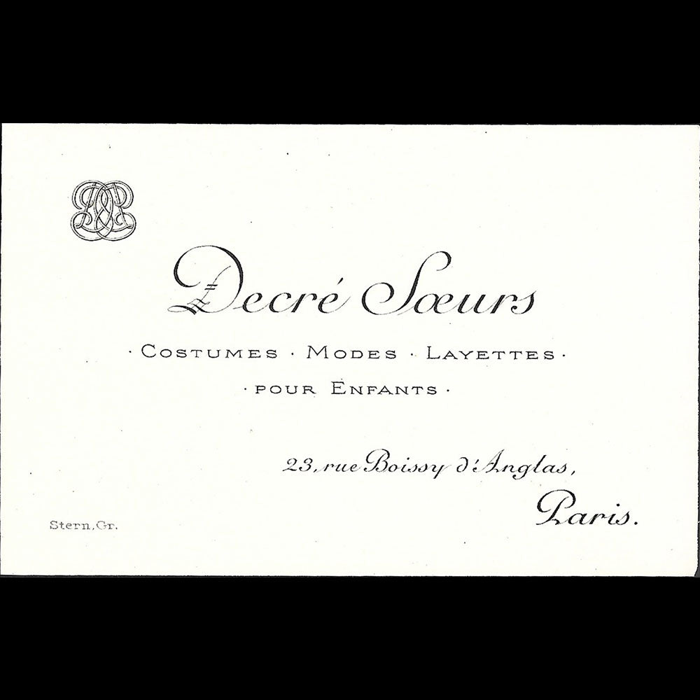 Decré Soeurs - Carte de la maison spécialisée dans les vêtements pour enfants, 23 rue Boissy d'Anglas à Paris (1910s)