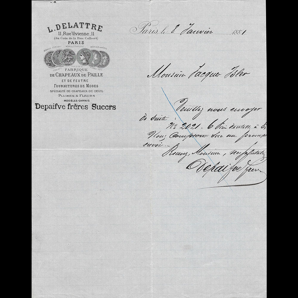 Delattre - Lettre de la fabrique de chapeaux, 11 rue Vivienne Paris (1881)