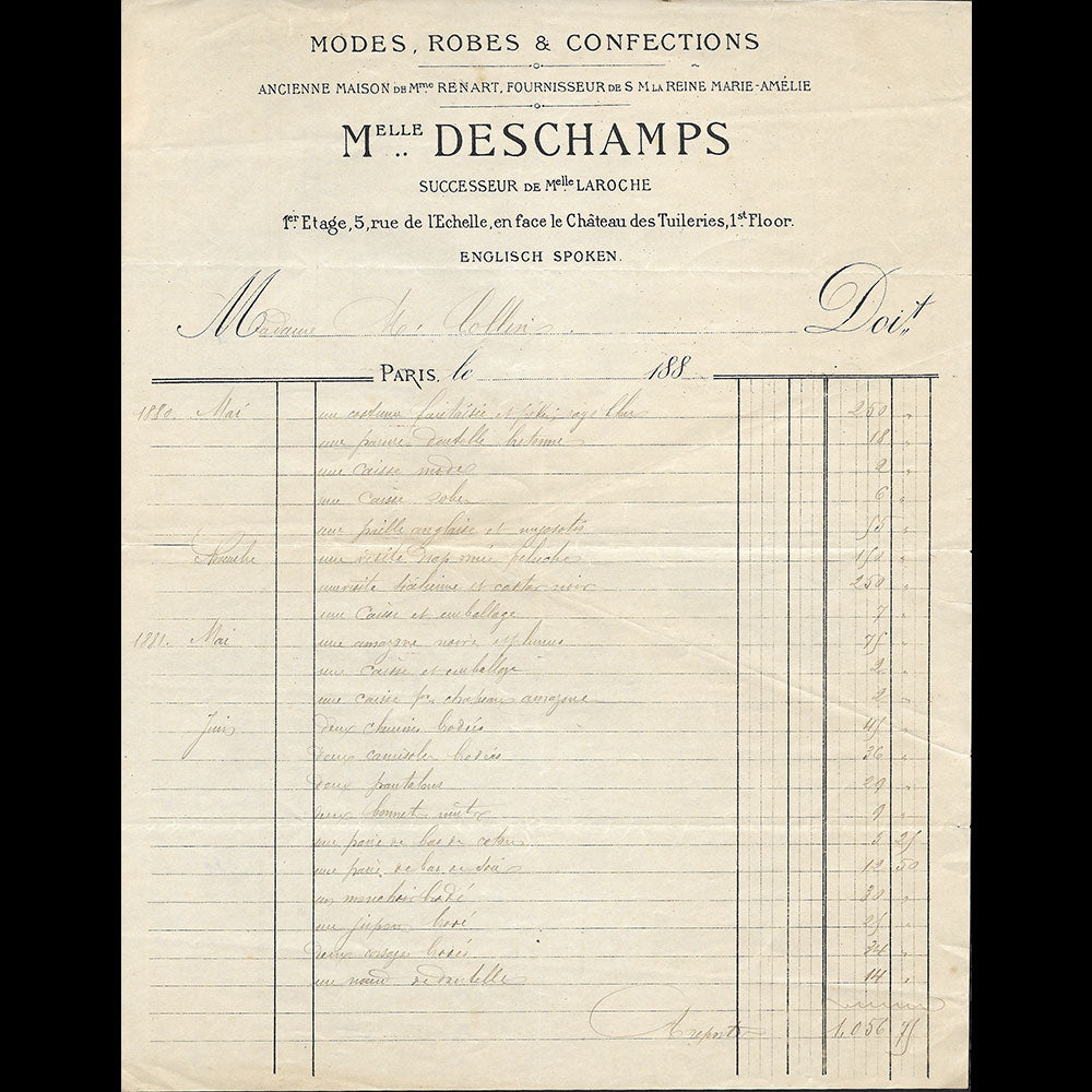 Mlle Deschamps - Facture de la maison de couture, 5 rue de l'Echelle à Paris (1881)