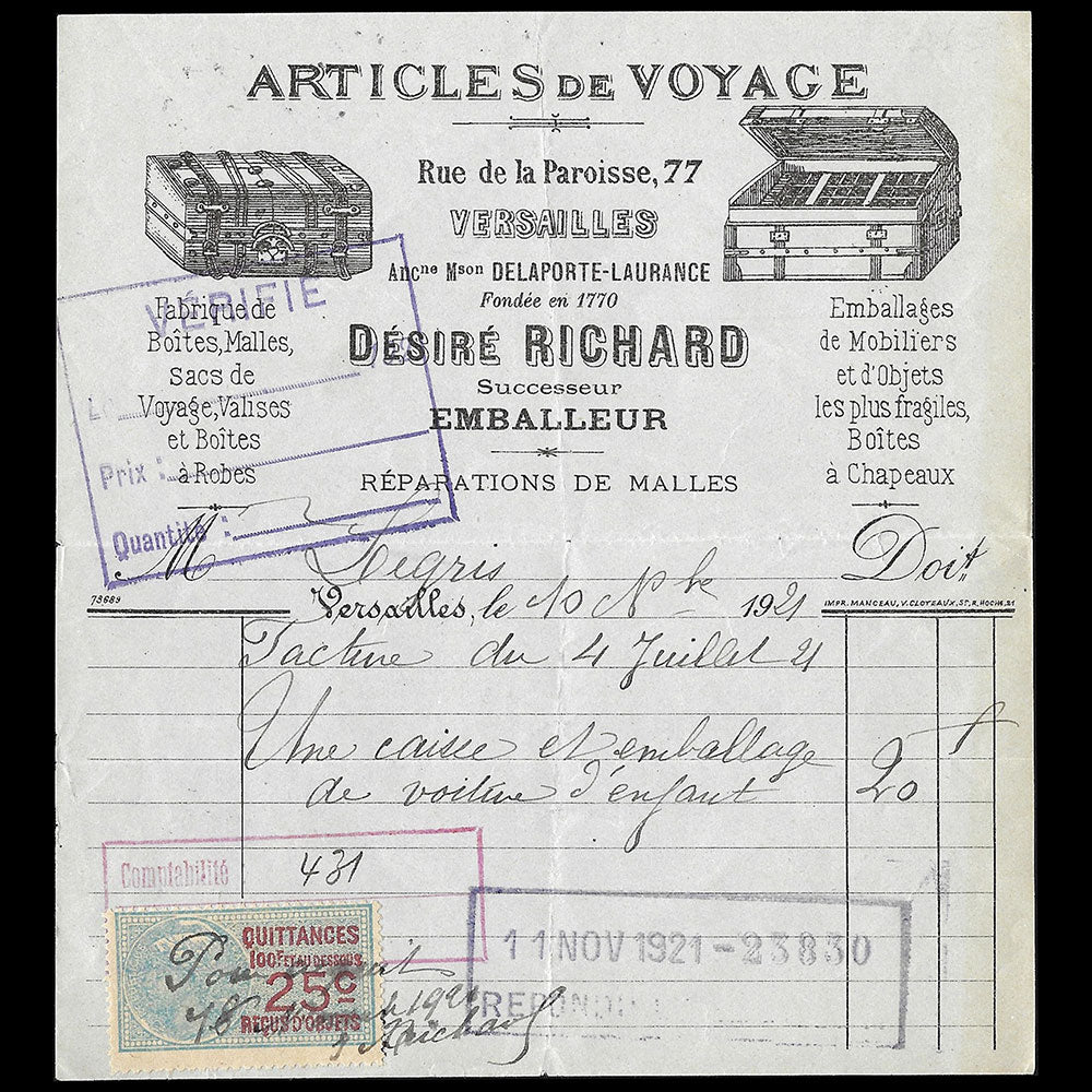 Désiré Richard - Facture du fabricant d'articles de voyage, 77 rue de la Paroisse à Versailles (1921)