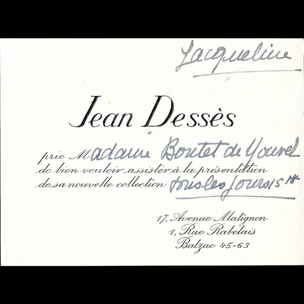Jean Dessès - Carton d'invitation de la maison de couture, 17 avenue Matignon à Paris (1950s)