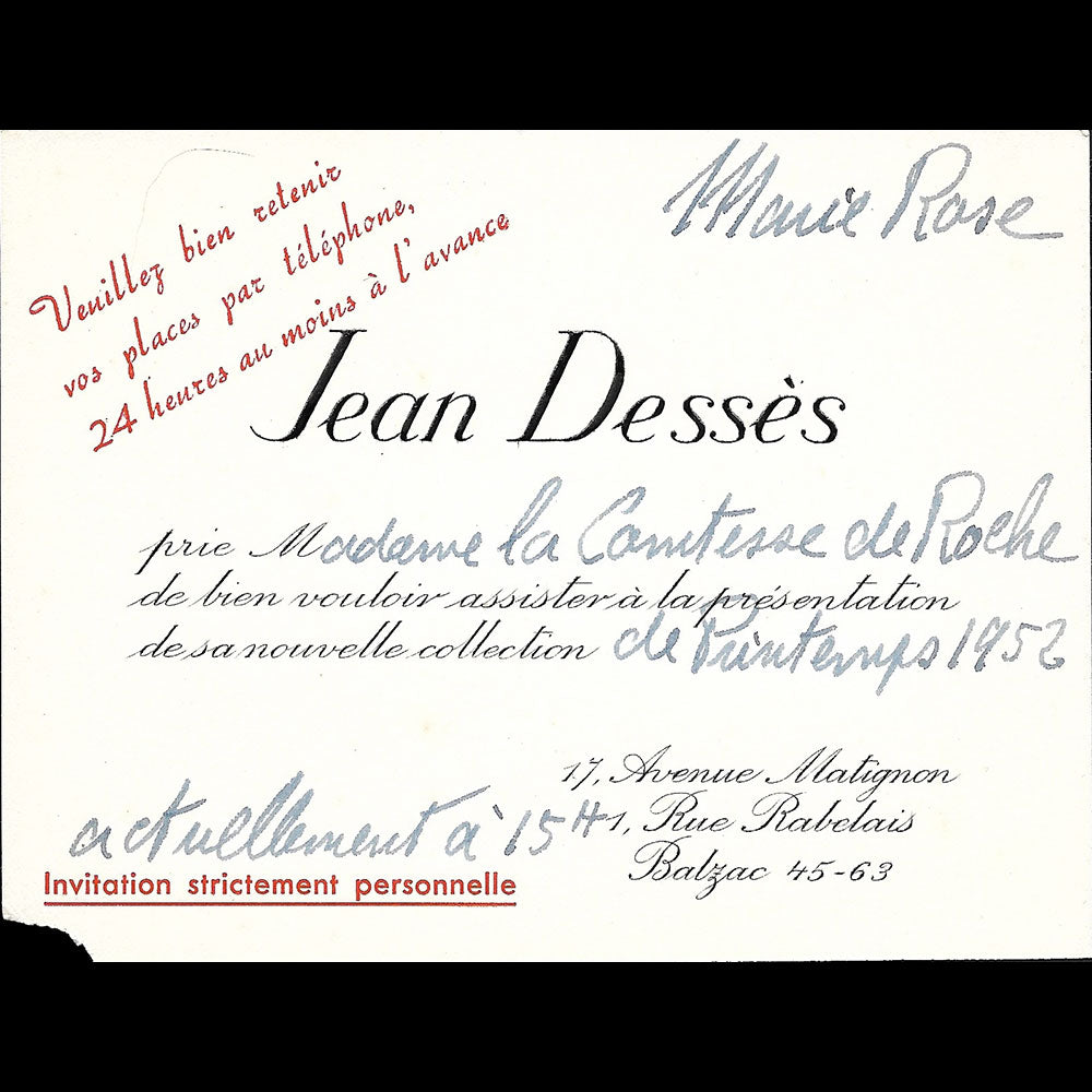 Jean Dessès - Carton d'invitation de la maison de couture, 17 avenue Matignon à Paris (1952)