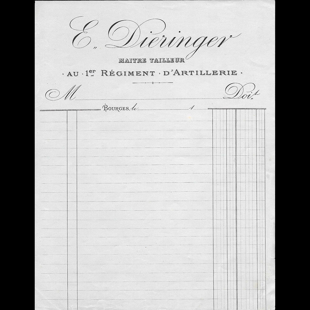 Dieringer - Facture du maître tailleur au 1er régiment d'artillerie, à Bourges (1890s)
