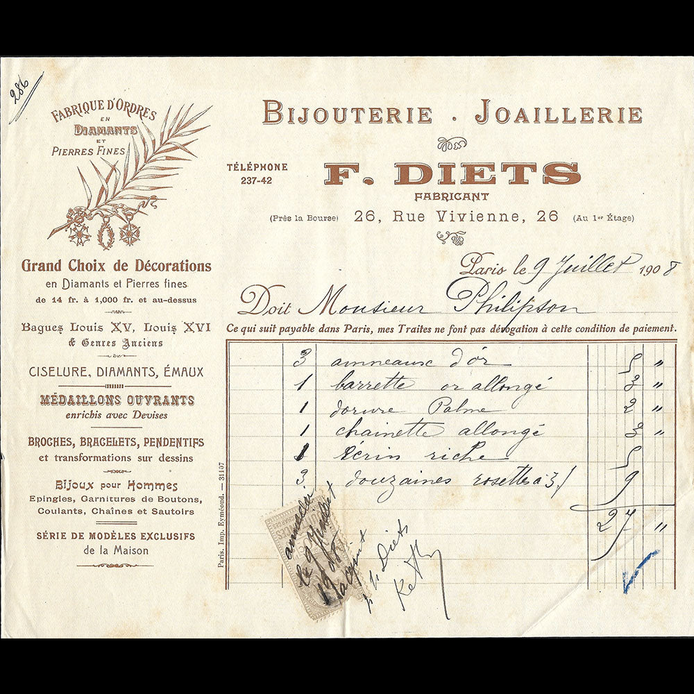Diets - Facture de la bijouterie joaillerie, 26 rue Vivienne Paris (1908)
