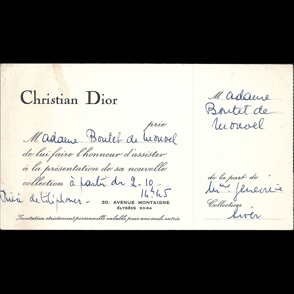 Christian Dior - Invitation from the fashion house, 30 avenue Montaigne in Paris (1950s)