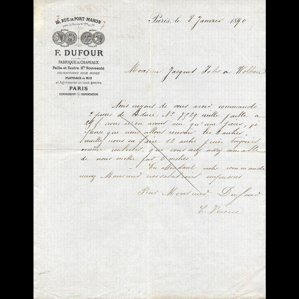 Dufour - Lettre de la fabrique de chapeaux, 7 rue de Port-Mahon Paris (1890)
