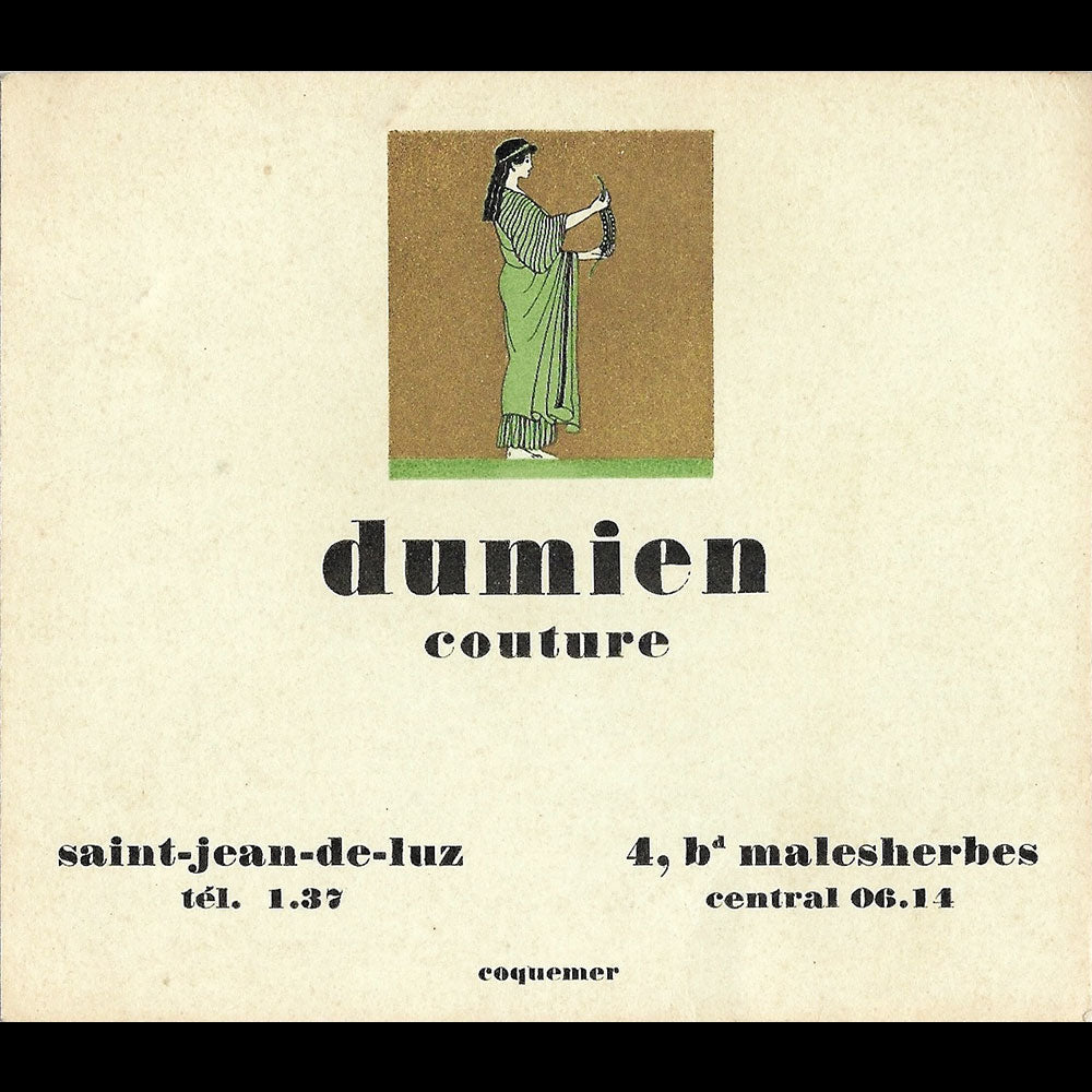 Dumien - Carte de la maison de couture, 4 boulevard Malesherbes à Paris (1920s)