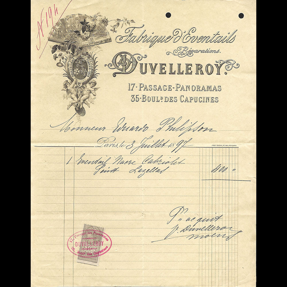 Duvelleroy - Facture de la fabrique d'éventails, passage des panoramas à Paris (1897)