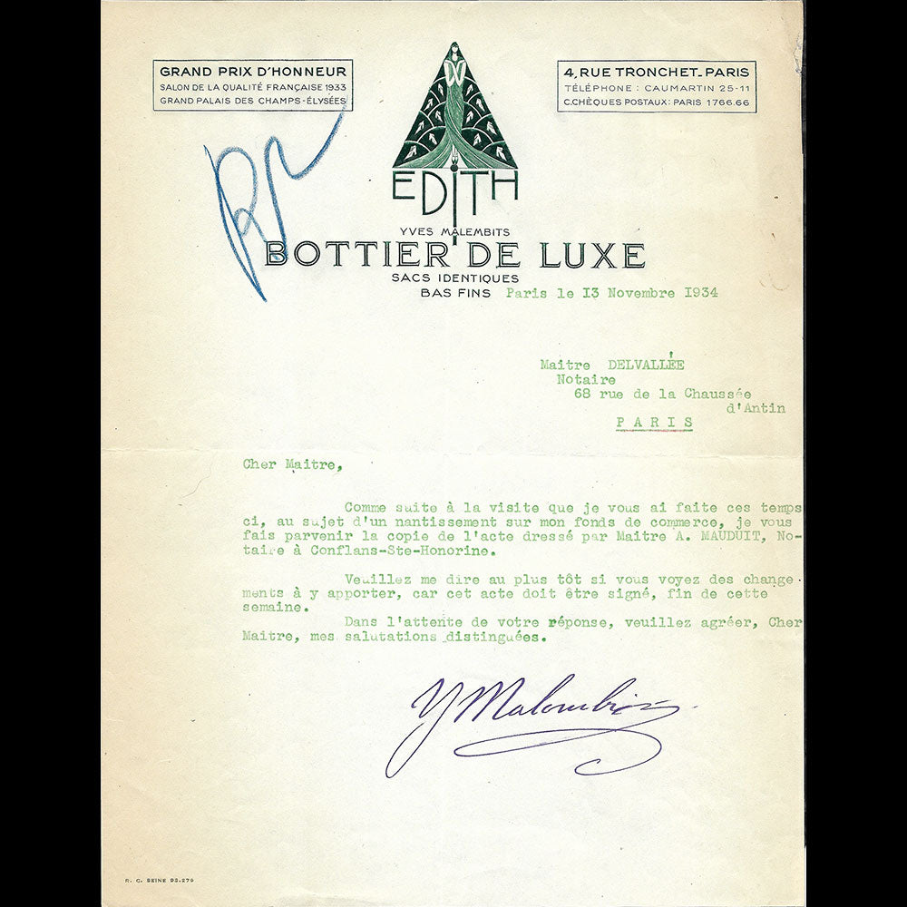 Edith - Correspondance du bottier de luxe, 4 rue Tronchet à Paris (1934)