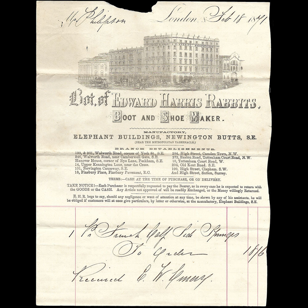 Edward Harris Rabbits - Facture de la maison de chaussures, Elephant buildings, Newington Butts, London (1891)