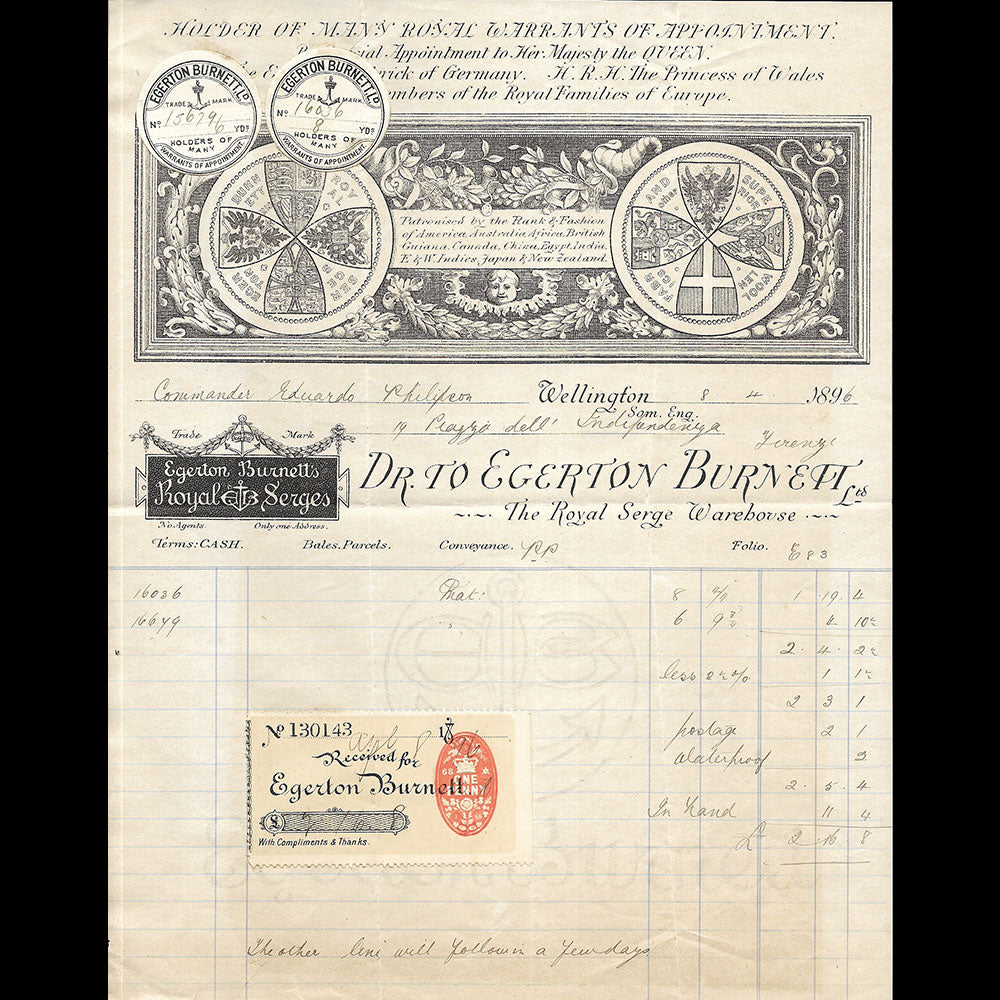Egerton Burnett - Facture de la maison The Royal Serge Warehouse, Wellington (1896)