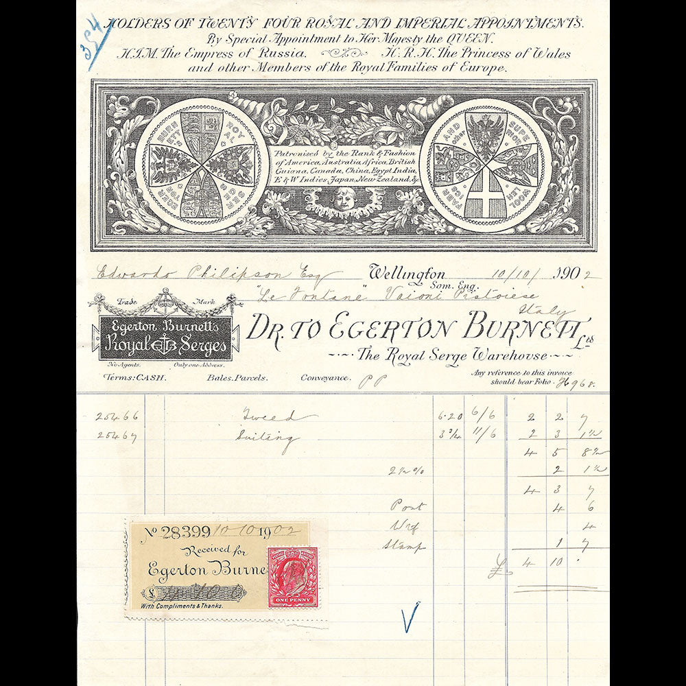 Egerton Burnett - Facture de la maison The Royal Serge Warehouse, Wellington (1920)