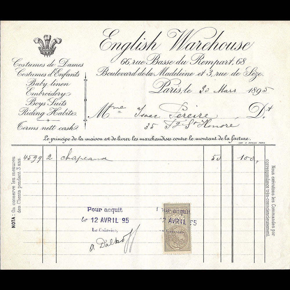 English Warehouse - Facture de la maison 66 rue Basse du Rempart à Paris (1895)