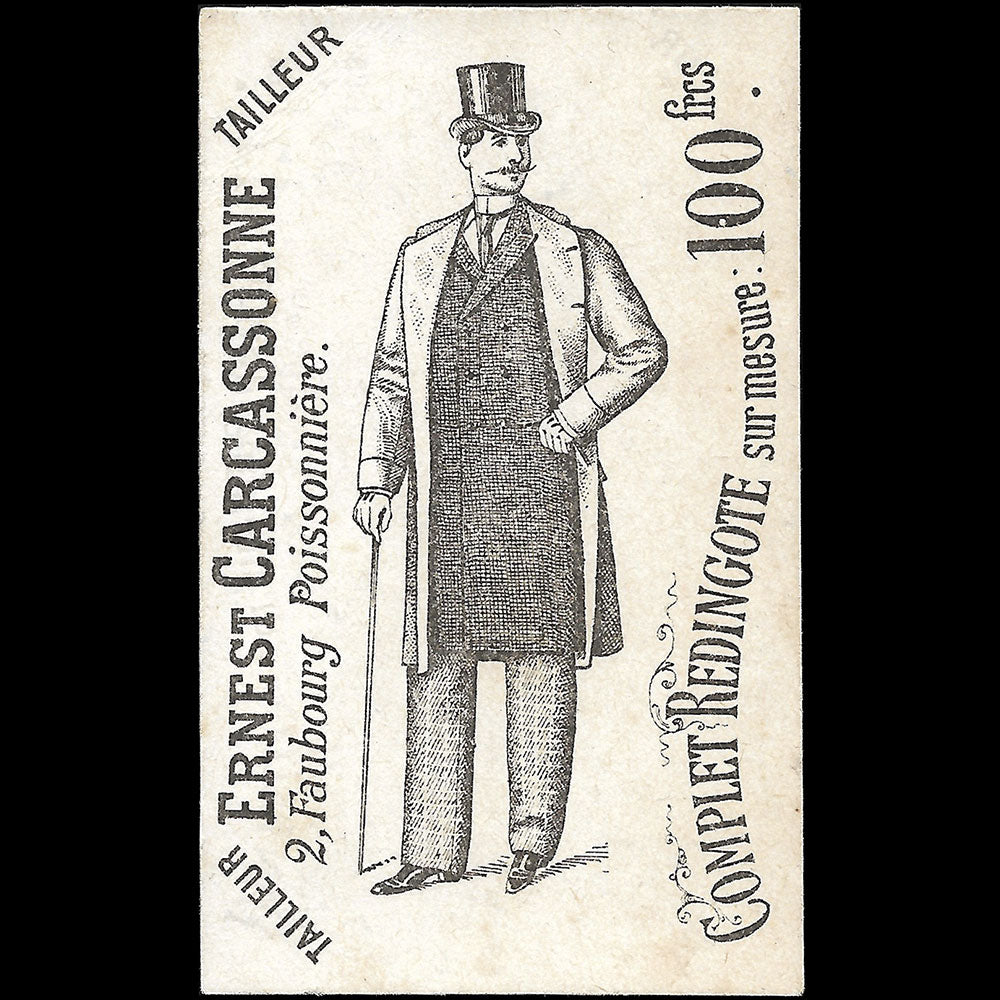 Ernest Carcassonne - Carte du tailleur, 2 Faubourg Poissonnière à Paris (1896)