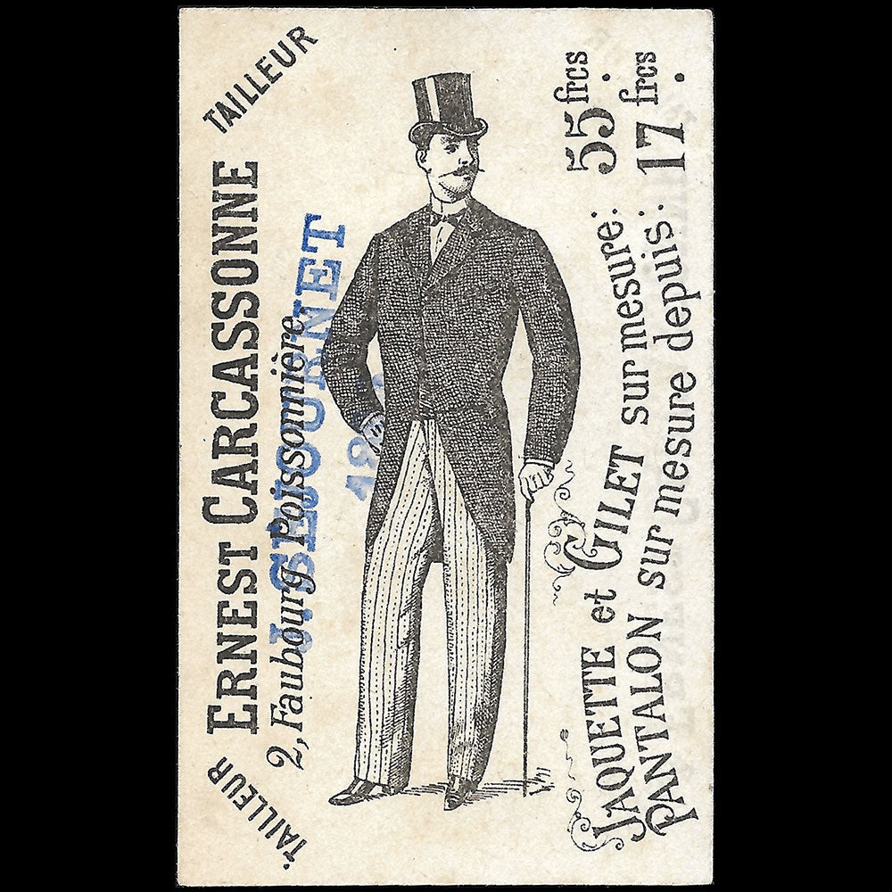 Ernest Carcassonne - Carte du tailleur, 2 Faubourg Poissonnière à Paris (1896)