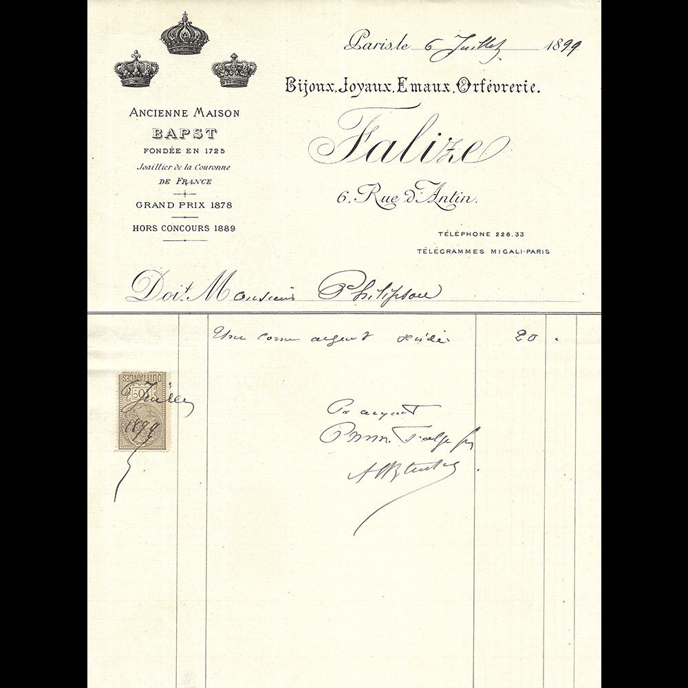 Falize - Facture de la maison de joaillerie, 6 rue d'Antin à Paris (1899)