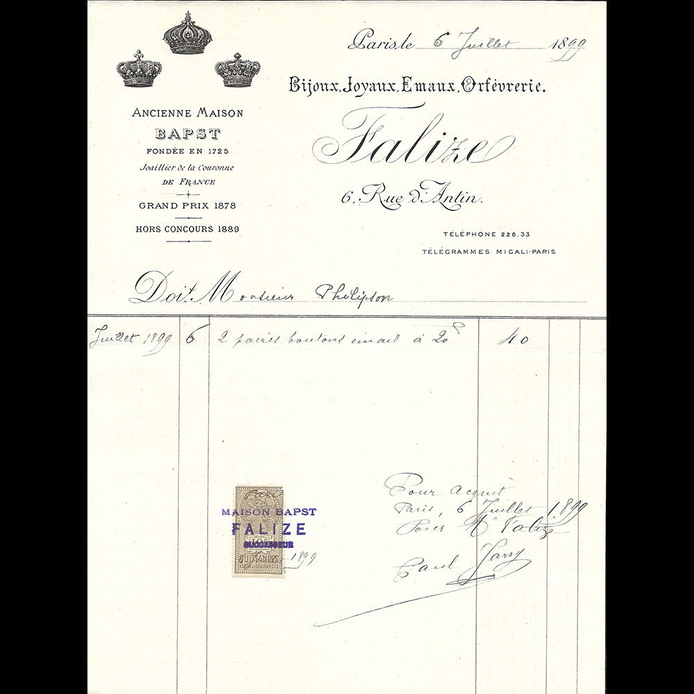 Falize - Facture de la maison de joaillerie, 6 rue d'Antin à Paris (1899)