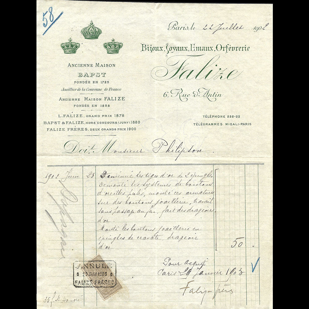 Falize - Facture de la maison de joaillerie, 6 rue d'Antin à Paris (1902)