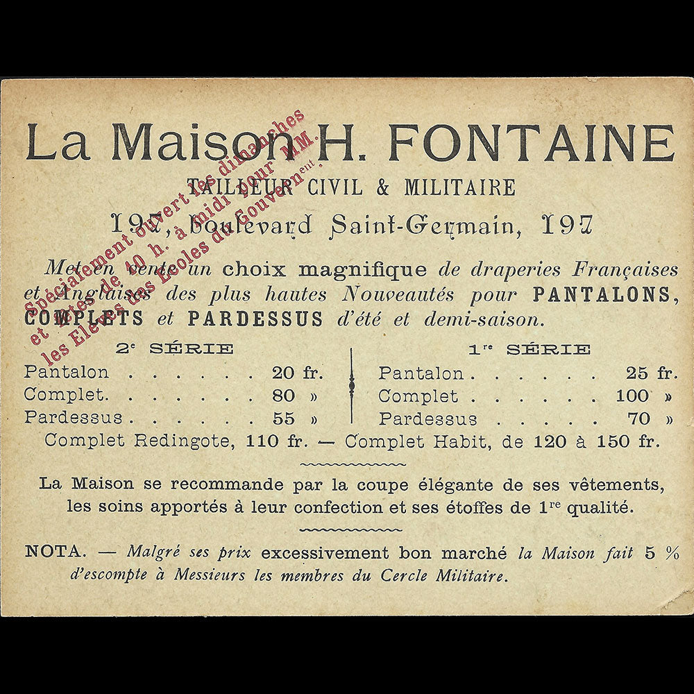 H. Fontaine - Carte du tailleur, 197 boulevard Saint-Germain à Paris (1896)