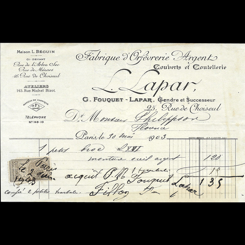 L. Lapar - Facture de la maison d'orfèvrerie, 25 rue de Choiseul, Paris (1903)