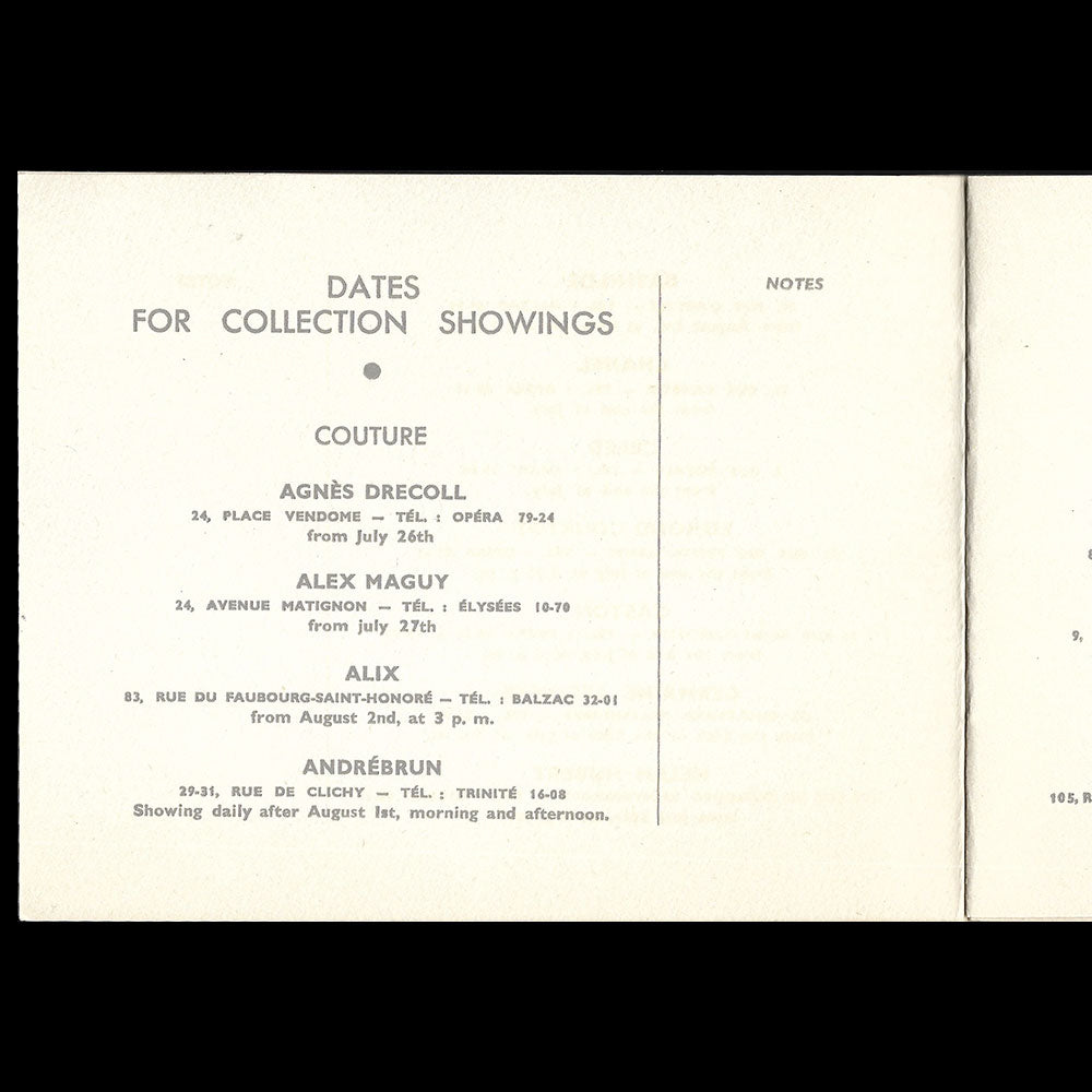 French Line - Parisian Couture Models, Dates for collection showings (1930s)