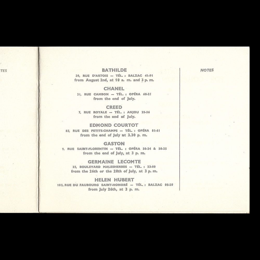 French Line - Parisian Couture Models, Dates for collection showings (1930s)