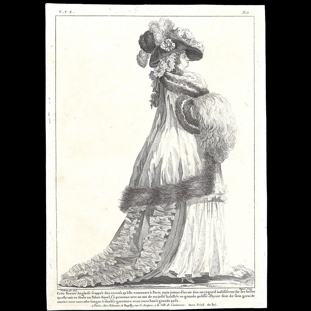 Gallerie des Modes et Costumes Français, 1778-1787, gravure n° ccc 300, Beauté Angloise par Watteau (1785)