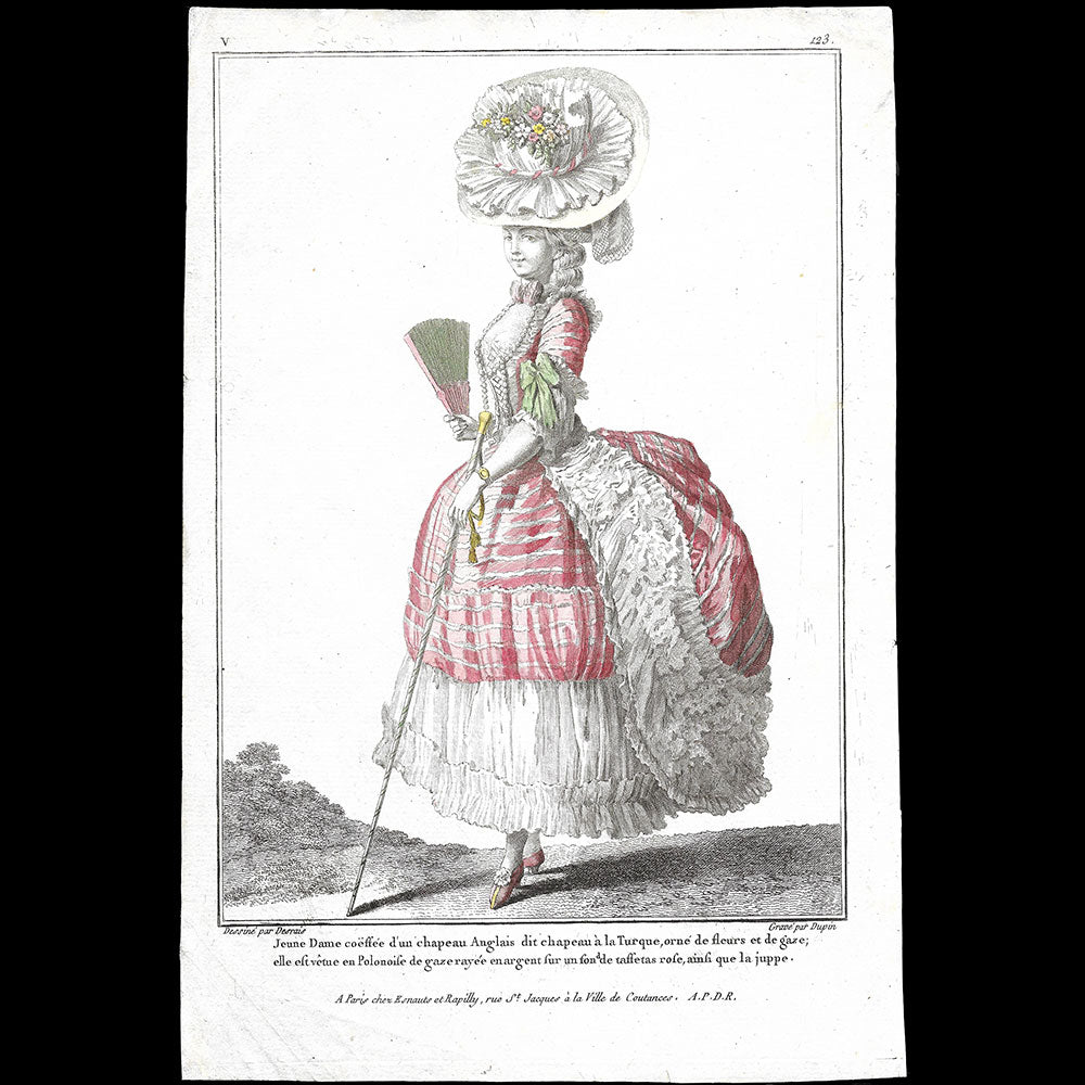 Gallerie des Modes et Costumes Français, 1778-1787, gravure n° V 123, Jeune Dame coëffée d'un chapeau Anglais (1779)