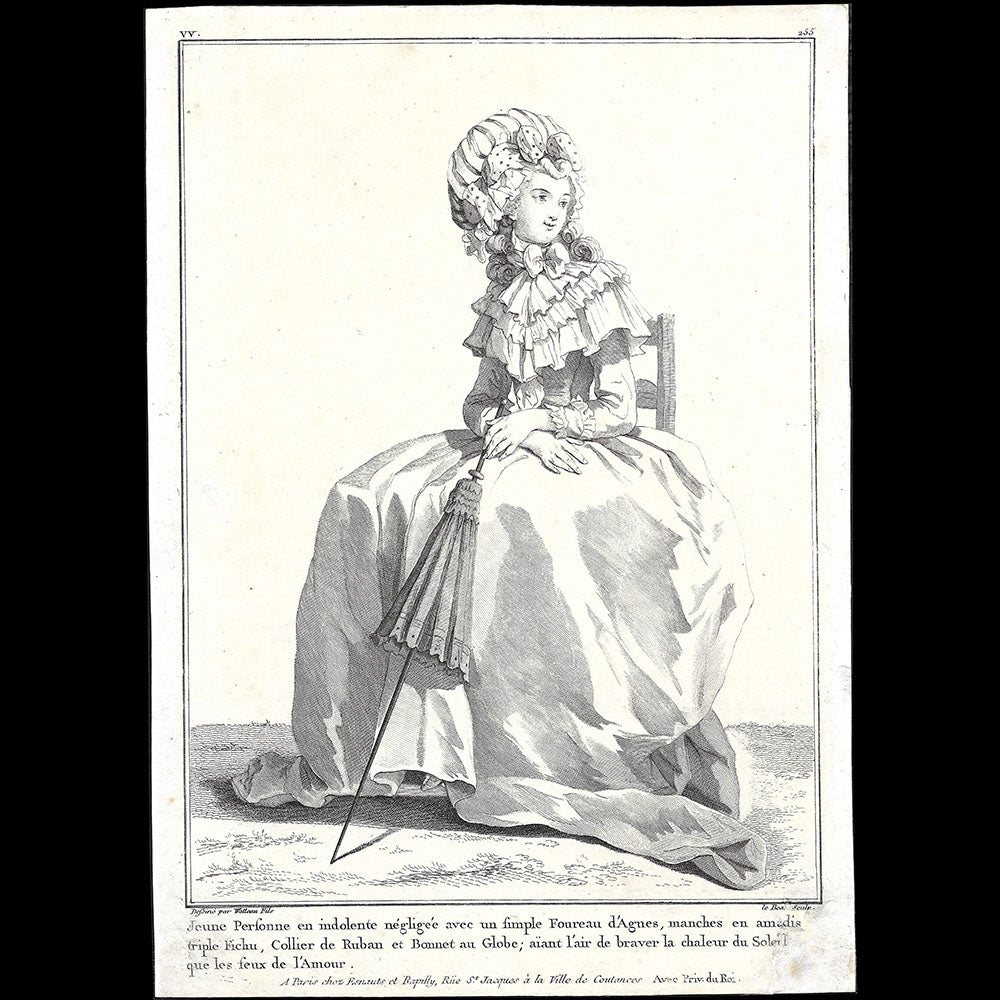 Gallerie des Modes et Costumes Français, 1778-1787, gravure n° vv 255, Jeune Personne en Indolente par Watteau (1784)