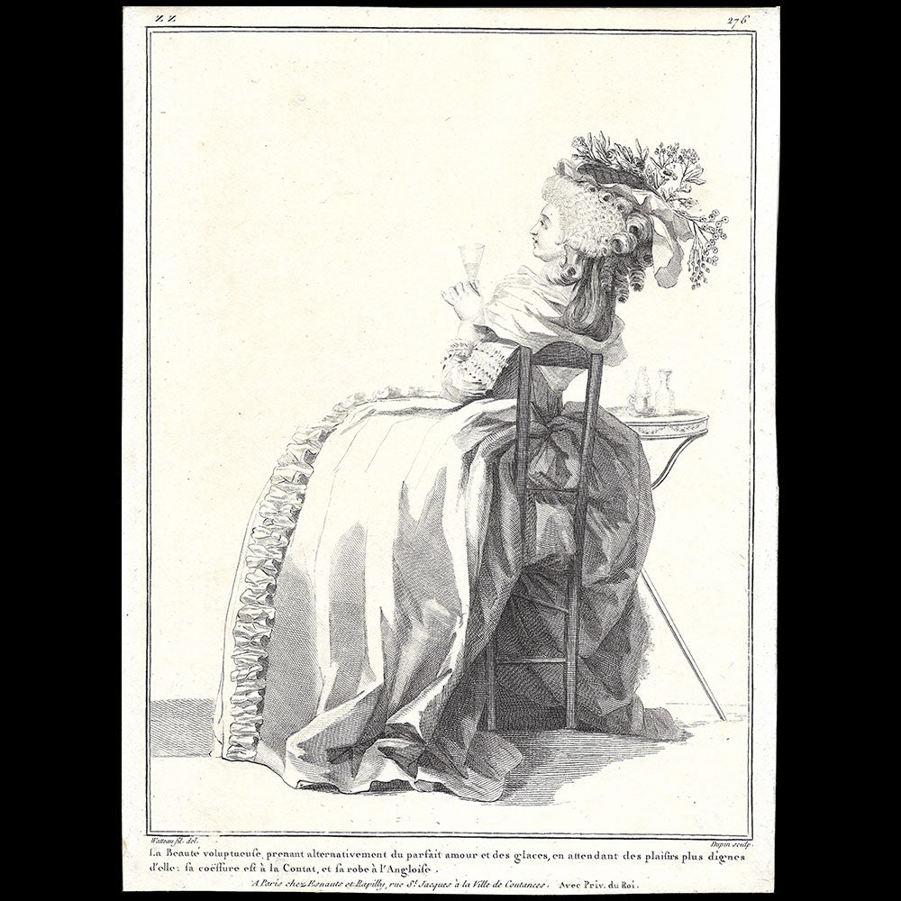 Gallerie des Modes et Costumes Français, 1778-1787, gravure n° zz 276, La Beauté voluptueuse par Watteau (1784)